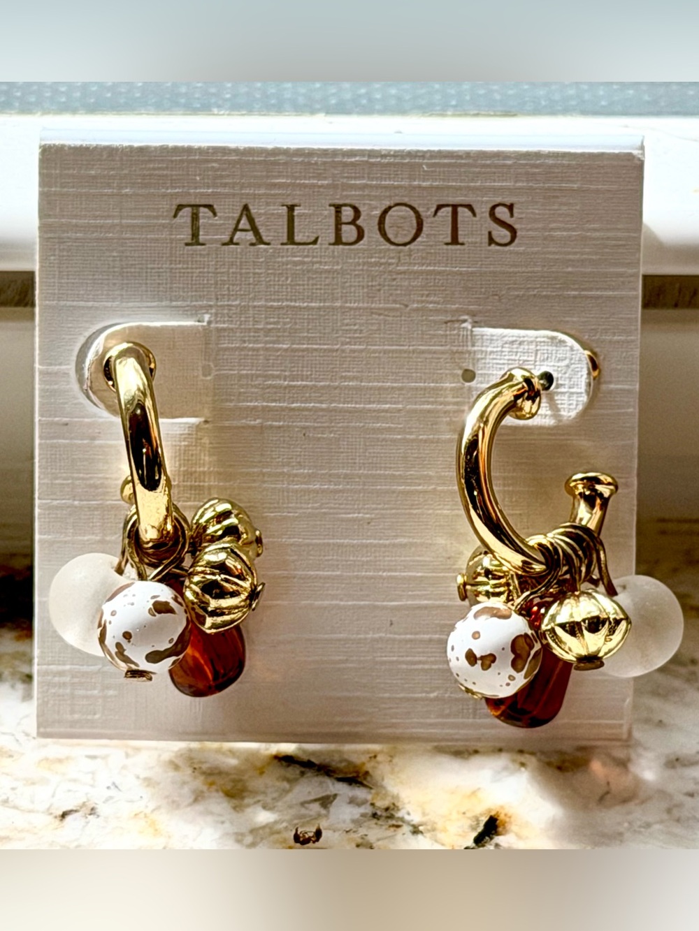 Talbots Gold Hoop Earrings with White Speckled and Amber Accents